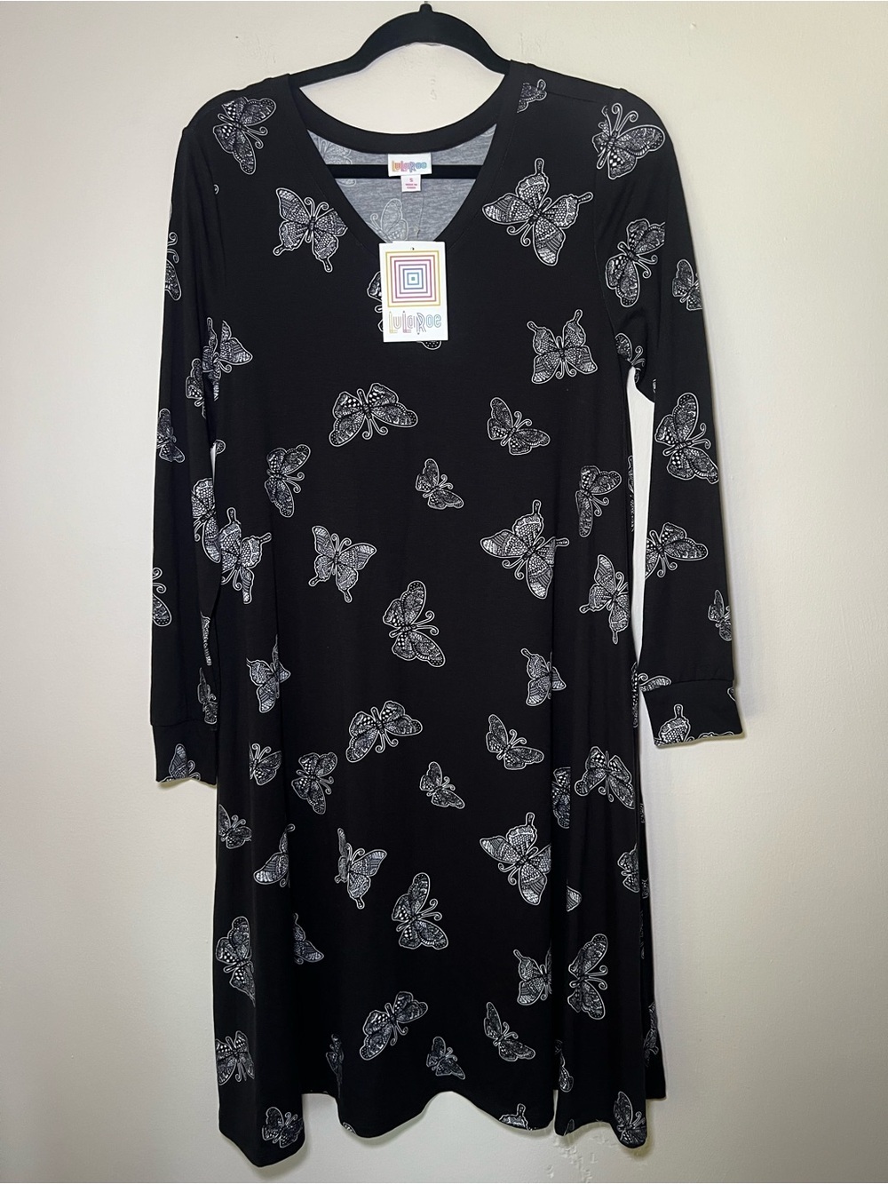 LuLaRoe Emily Black Butterfly Print V-Neck Long Sleeve Dress